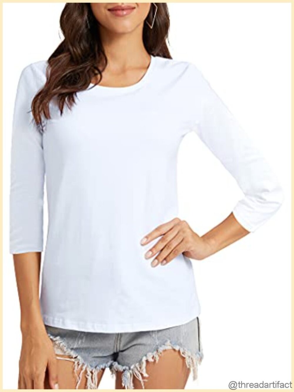 Womens Cotton 3/4 Sleeve Crew Neck Fitted T-Shirt Casual Office Top